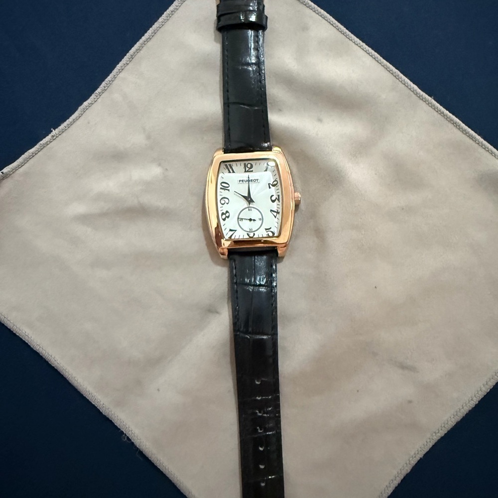 Peugeot Men’s Vintage Rose Gold Cushion Shaped Watch with Black Leather Band - Picture 2 of 6